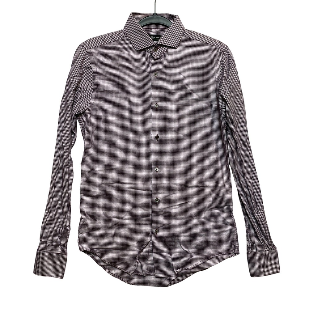 Zara Shirt Men Small Burgundy Smart Shirt Micro-houndstooth Button Up